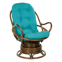 OSP Home Furnishings KAU320-BL Kauai Rattan Swivel Rocker Chair in Blue Fabric and Brown Frame